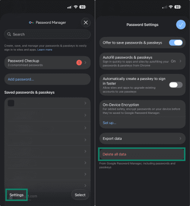 Deleting login data on Google Password Manager using Google Chrome.
