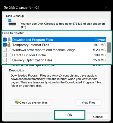 List of files to delete using Windows' Disk Cleanup tool.