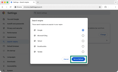 A dialog box in Google Chrome with options for changing the default search engine.