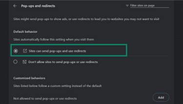 The "Sites can send pop-ups and redirects" option in Chrome.