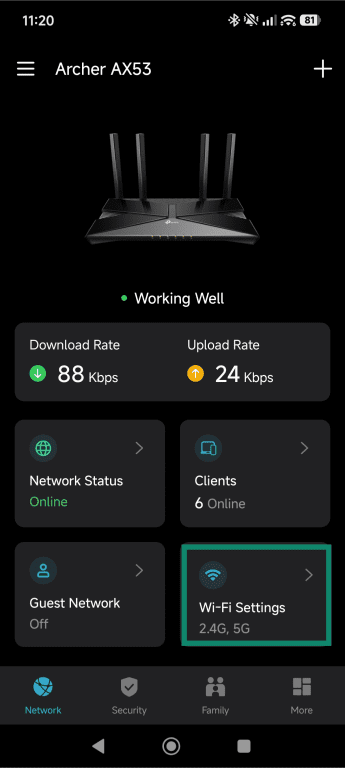 TP-Link mobile app dashboard with the Wi-Fi Settings option highlighted.