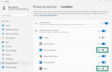 Managing app location access on Windows.
