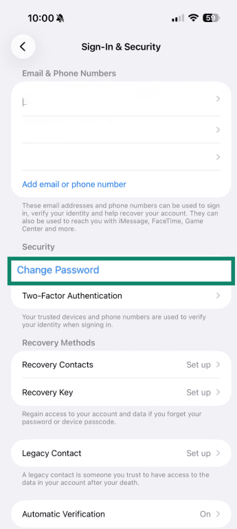 Change Password settings on iPhone.