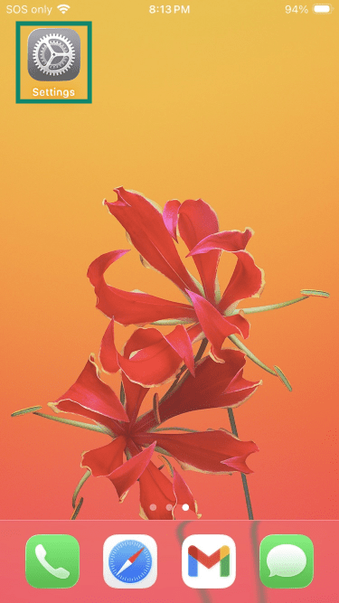 iPhone main screen with Settings app highlighted.