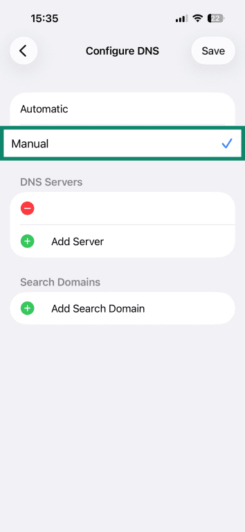 iPhone Configure DNS screen with Manual selected.