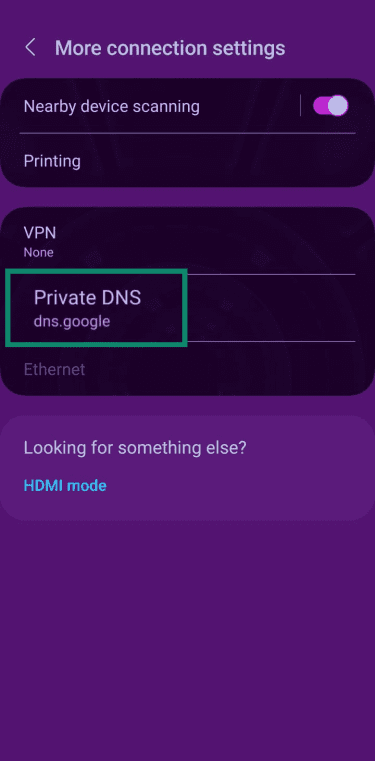 Android “More connection settings” screen showing Private DNS set to “dns.google".