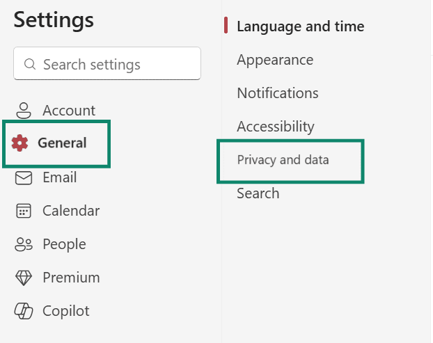 Outlook web settings with General and Privacy and data highlighted.