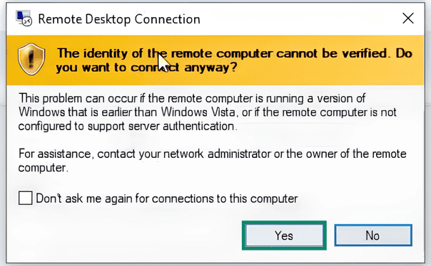 Certificate warning after entering a Raspberry Pi's IP address in an RDP client to establish a remote connection.